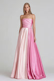 Pink Satin A-Line Strapless Ruched Long Formal Dress
