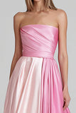 Pink Satin A-Line Strapless Ruched Long Formal Dress