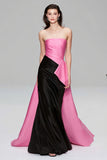 Black and Pink Strapless Mermaid Formal Dress With Train Cape
