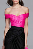 Off The Shoulder Sheath Black and Fuchsia Formal Dress With Overlay