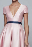 Pink and Navy A-Line Satin V-Neck Semi-Formal Dress With Short Sleeves