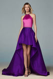 Fuchsia and Purple A-Line Satin Halter Beaded High-Low Formal Dress
