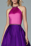 Fuchsia and Purple A-Line Satin Halter Beaded High-Low Formal Dress