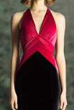 Black and Fuchsia Mermaid Halter Velevt Formal Dress