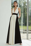 Black and White A-Line V-Neck Formal Dress