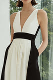 Black and White A-Line V-Neck Formal Dress