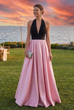 Black and Pink Halter A-Line Maxi Formal Dress