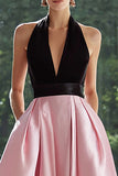 Black and Pink Halter A-Line Maxi Formal Dress