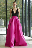 Beaded A-Line V-Neck Black and Fuchsia Maxi Formal Dress
