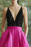 Beaded A-Line V-Neck Black and Fuchsia Maxi Formal Dress