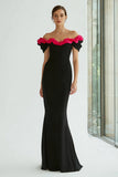 Black and Fuchsia Off The Shoulder Mermaid Formal Dress with Ruffles