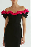 Black and Fuchsia Off The Shoulder Mermaid Formal Dress with Ruffles