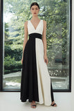 Black and White A-Line V-Neck Maxi Formal Dress