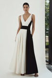 Black and White V-Neck A-Line Long Formal Dress