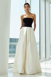 Strapless Black and White A-Line Maxi Formal Dress