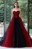 Black and Red Sweetheart A-Line Tulle Maxi Prom Dress