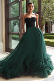 Strapless Black and Green A-Line Prom Dress With Ruffles