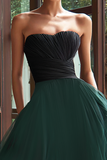 Strapless Black and Green A-Line Prom Dress With Ruffles