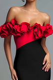 Off The Shoulder Black and Red Mermaid Evening Dress With Ruffles