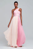 Pink One Shoulder A-Line Pleated Formal Dress
