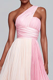 Pink One Shoulder A-Line Pleated Formal Dress
