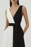 Black and White A-Line V-Neck Pleated Formal Dress