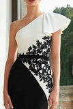 Black and White One Shoulder Sheath Appliqued Formal Dress