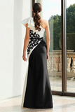 Black and White One Shoulder Sheath Appliqued Formal Dress