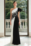 One Shoulder Black and White Sheath Formal Dress with Appliques