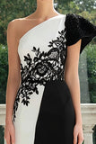 One Shoulder Black and White Sheath Formal Dress with Appliques