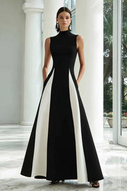 Black and White A-Line High Neck Long Formal Dress