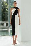 Black and White Halter Sheath Midi Formal Dress