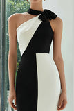 Black and White Halter Sheath Midi Formal Dress
