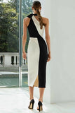 Black and White Halter Sheath Midi Formal Dress