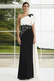 One Shoulder Sheath Black and White Formal Dress With Appliques