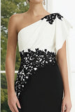 One Shoulder Sheath Black and White Formal Dress With Appliques