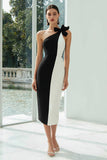 One Shoulder Sheath Black and White Semi-Formal Dress With Bow