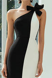 One Shoulder Sheath Black and White Semi-Formal Dress With Bow