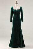 Dark Green Velvet Mermaid Long Sleeve Formal Dress With Slit