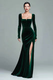 Dark Green Velvet Mermaid Long Sleeve Formal Dress With Slit