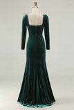 Dark Green Velvet Mermaid Long Sleeve Formal Dress With Slit