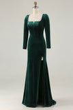 Dark Green Velvet Mermaid Long Sleeve Formal Dress With Slit