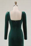 Dark Green Velvet Mermaid Long Sleeve Formal Dress With Slit