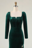 Dark Green Velvet Mermaid Long Sleeve Formal Dress With Slit