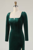 Dark Green Velvet Mermaid Long Sleeve Formal Dress With Slit