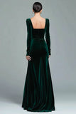 Dark Green Velvet Mermaid Long Sleeve Formal Dress With Slit