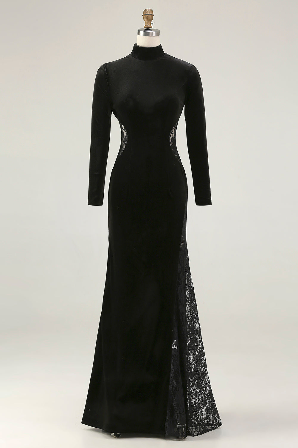 Berylove Women Mermaid Black Tie Dress Velvet High Neck Long Sleeve Maxi Evening Dress With Lace, Black / US16 Berylove Women Mermaid Black Tie Dress Velvet High Neck Long Sleeve Maxi Evening Dress With Lace, Black / US16