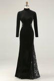 Mermaid Velvet High Neck Black Tie Dress With Lace