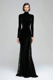 Mermaid Velvet High Neck Black Tie Dress With Lace