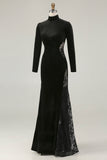Mermaid Velvet High Neck Black Tie Dress With Lace